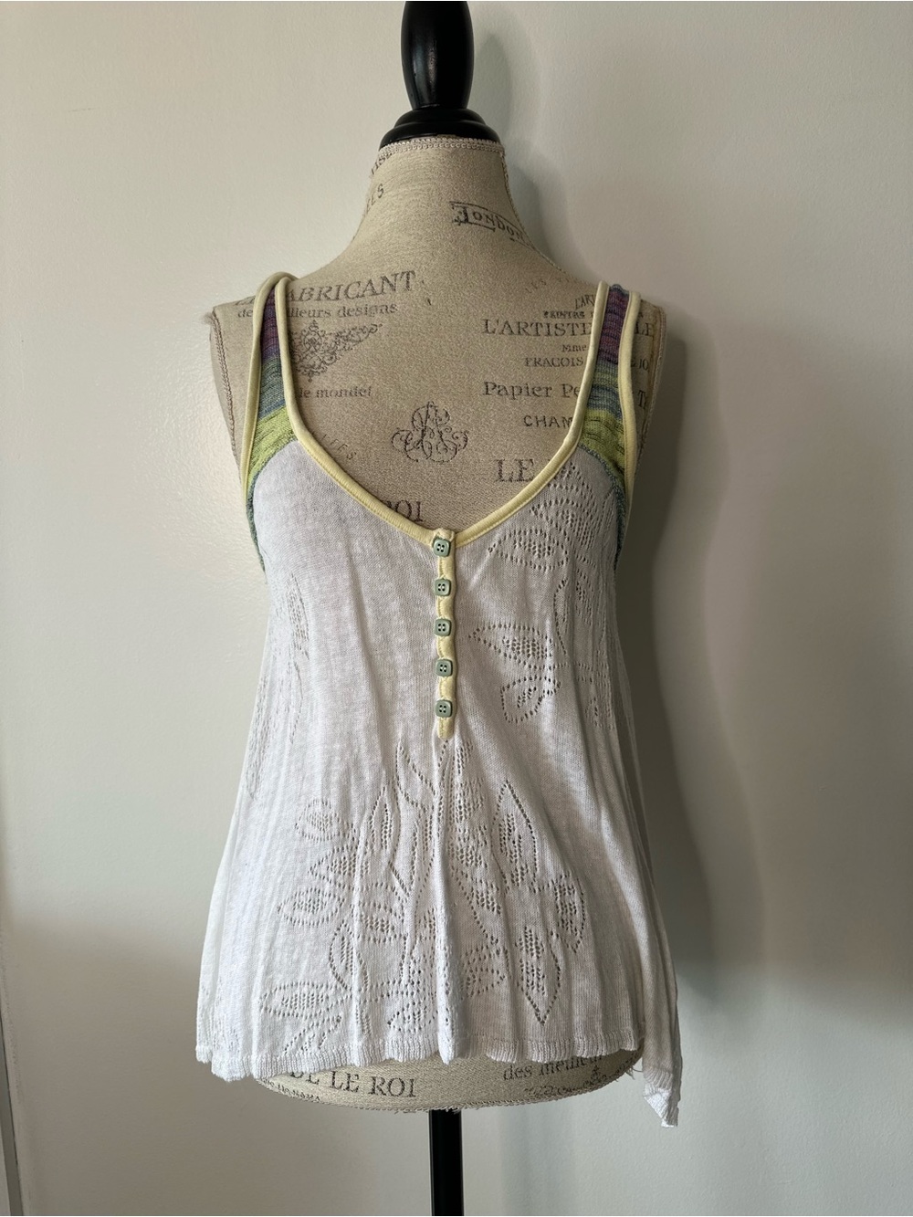 Free People White Lace Racerback Tank with Yellow Trim and Multicolor Back